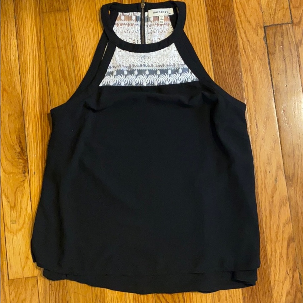 Monteau white lace and black tank top EUC
